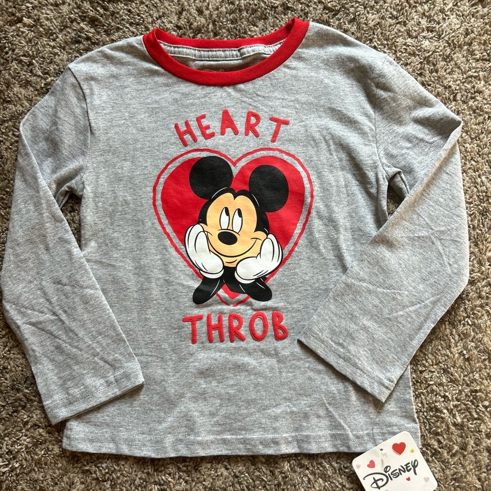 Disney Mickey Mouse Heart Throb Gray and Red Long Sleeve Tee
